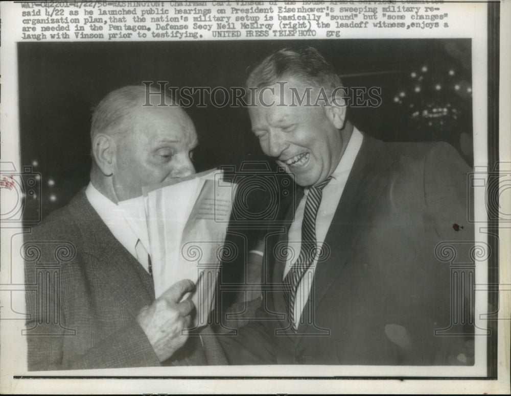 1958 Press Photo Neil McElroy Defense Secretary laugh with Carl Vinson
