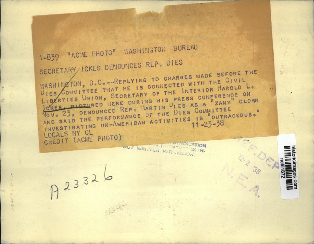 1938 Press Photo Harold Ickes in Press Conference on Civil Liberties Union