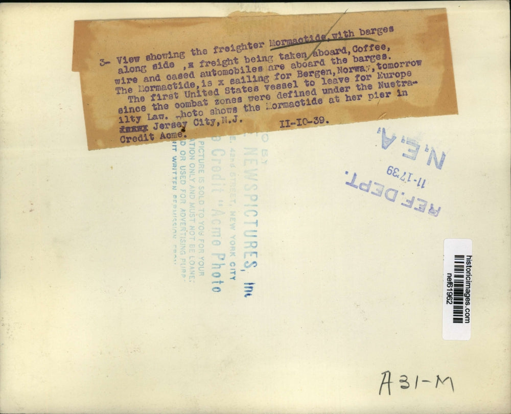 1939 Press Photo The Freighter Mormactide With Barges Alongside Barges in NJ.