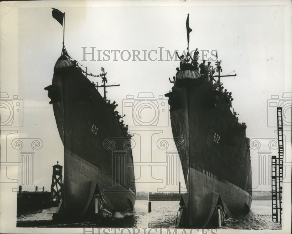 1943 Press Photo Destroyers Hickox and Healy launched at Kearny Yards