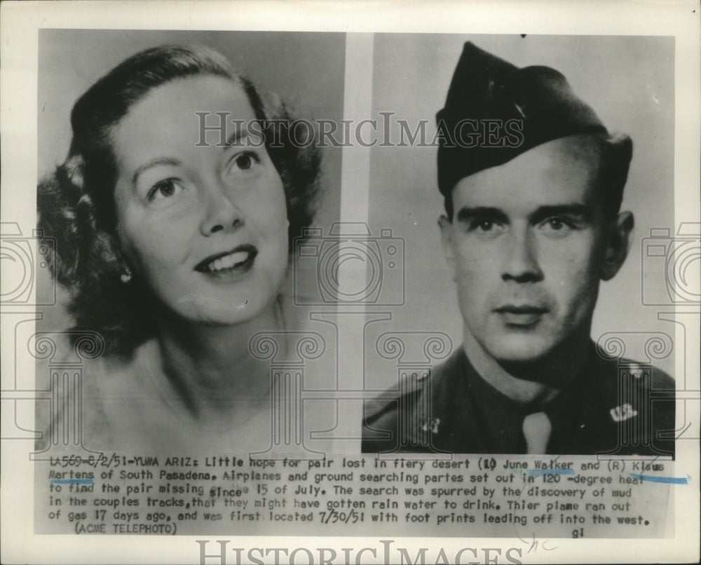 1951 Press Photo June Walker & Klaus Martens of S. Pasadena Lost in Fiery Desert