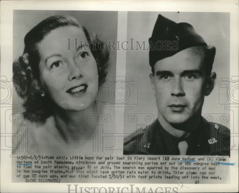 Load image into Gallery viewer, 1951 Press Photo June Walker &amp; Klaus Martens of S. Pasadena Lost in Fiery Desert
