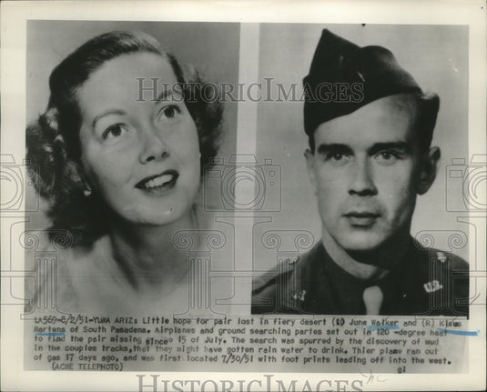 1951 Press Photo June Walker & Klaus Martens of S. Pasadena Lost in Fiery Desert