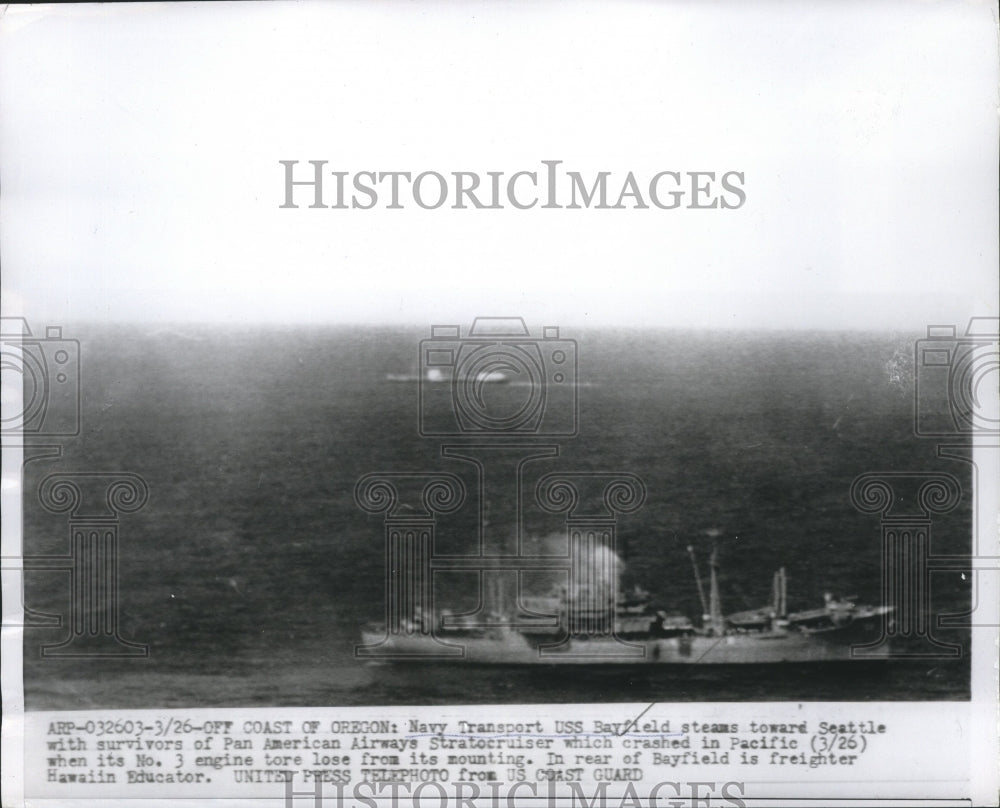 1955 Press Photo Navy Transport Bayfield Steams Towards Seattle with Survivors- Historic Images