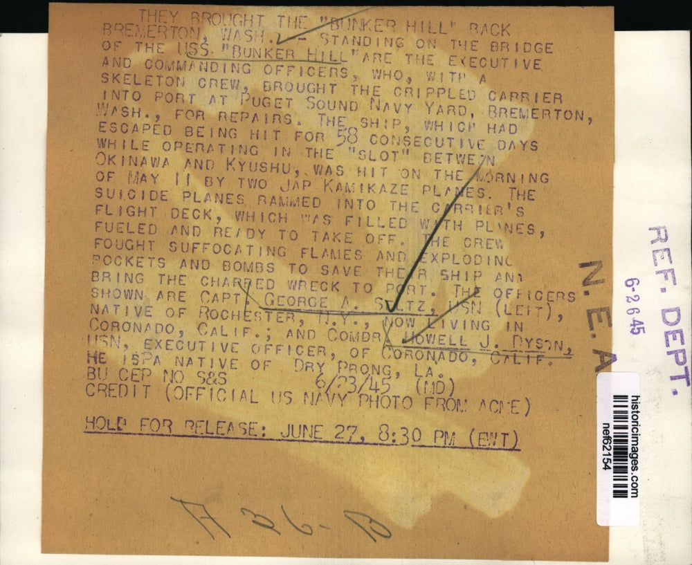 1945 Press Photo Standing on USS Bunker Hill are Executive & Commanding Officer