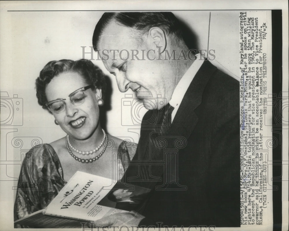 1958 Press Photo Governor Theodore McKeldin Autographs Book for WF Westphal, MN