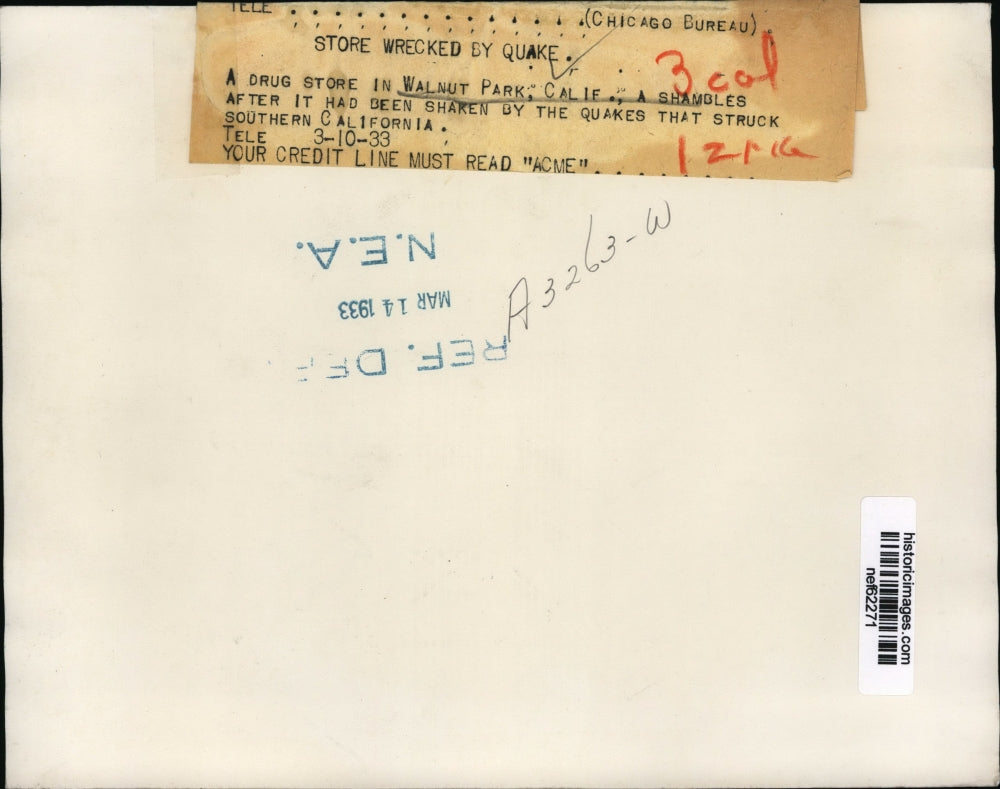 1933 Press Photo Walnut Park, California Drug Store Damage after Earthquake