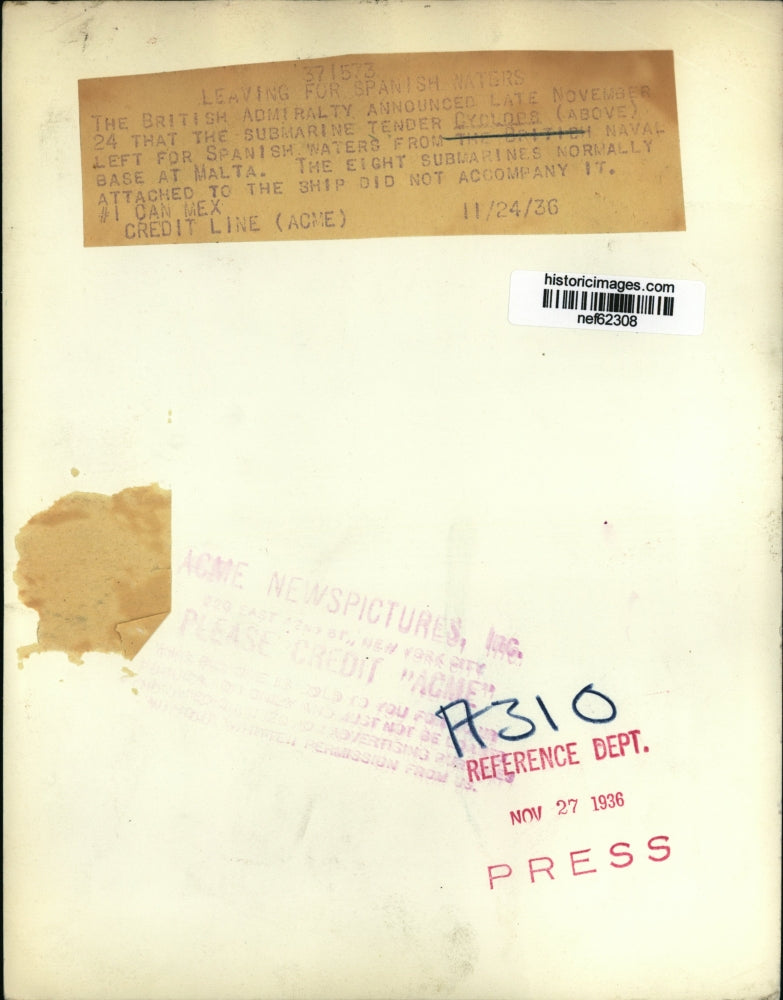 1936 Press Photo British Naval Submarine Tender Cyclops Sails Spanish Waters