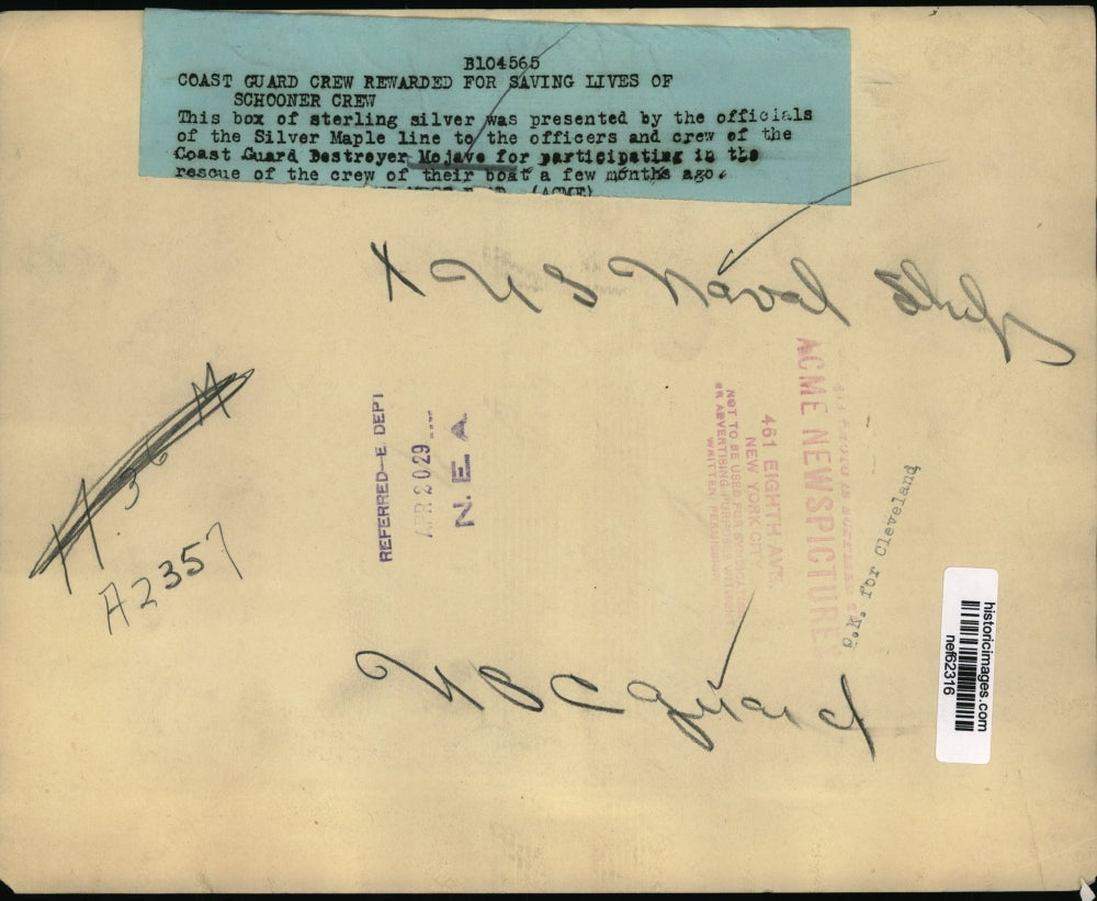 1929 Press Photo Coast Guard Destroyer Mojave Rewarded by Silver Maple Line