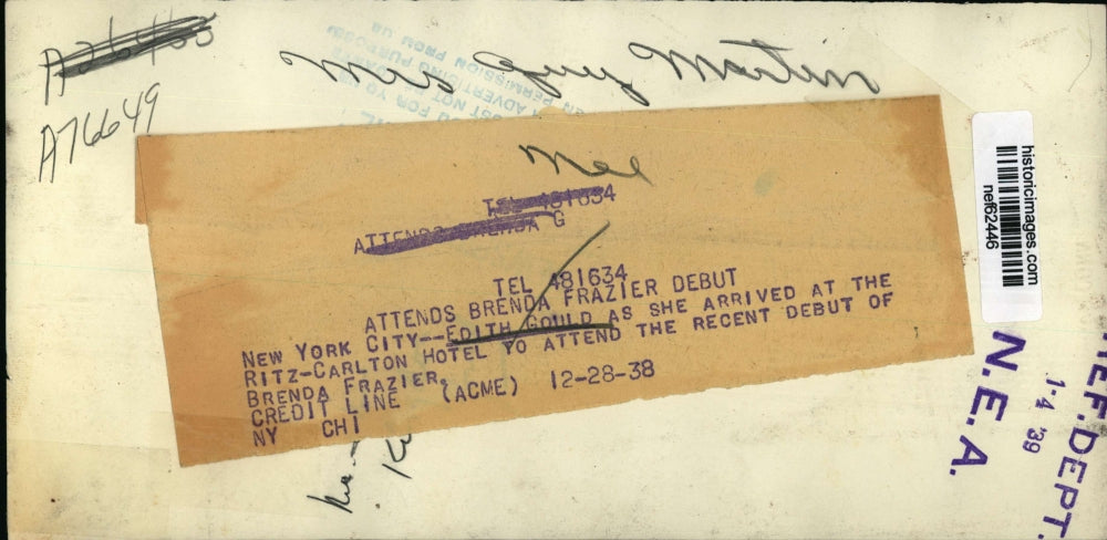 1938 Press Photo Edith Gould arrives at Ritz-Carlton Hotel - nef62446