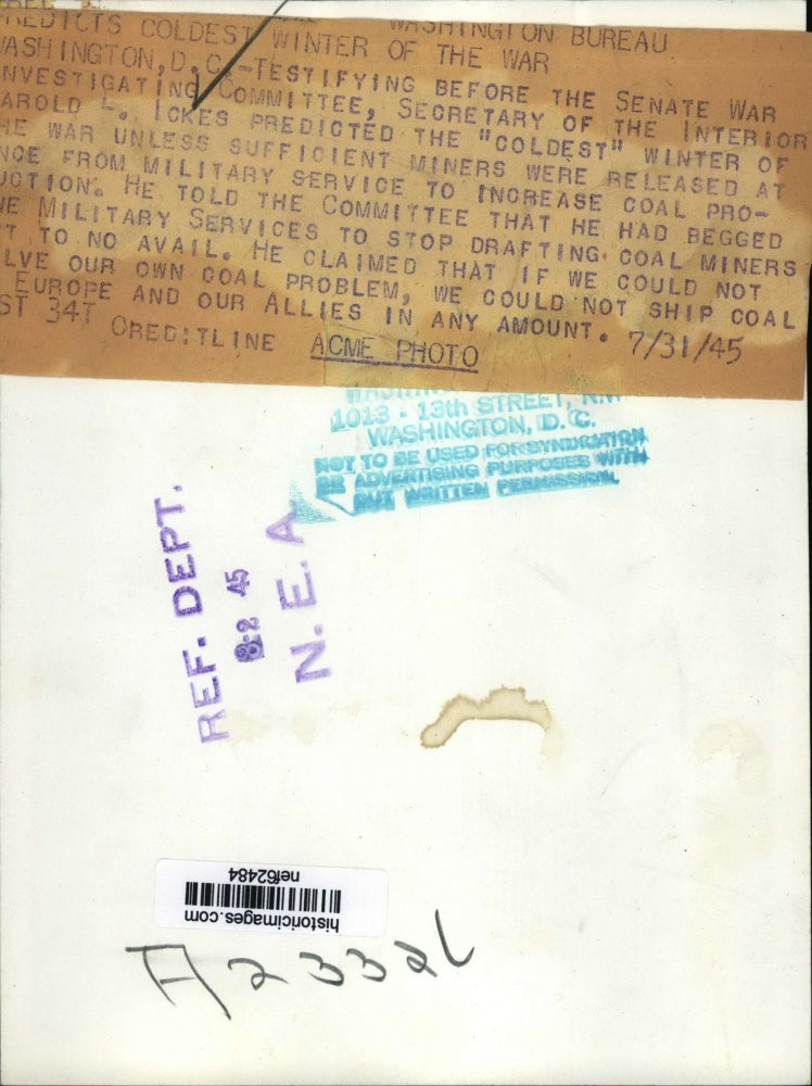 1945 Press Photo Harold L. Ickes predicts "Coldest" winter of the war