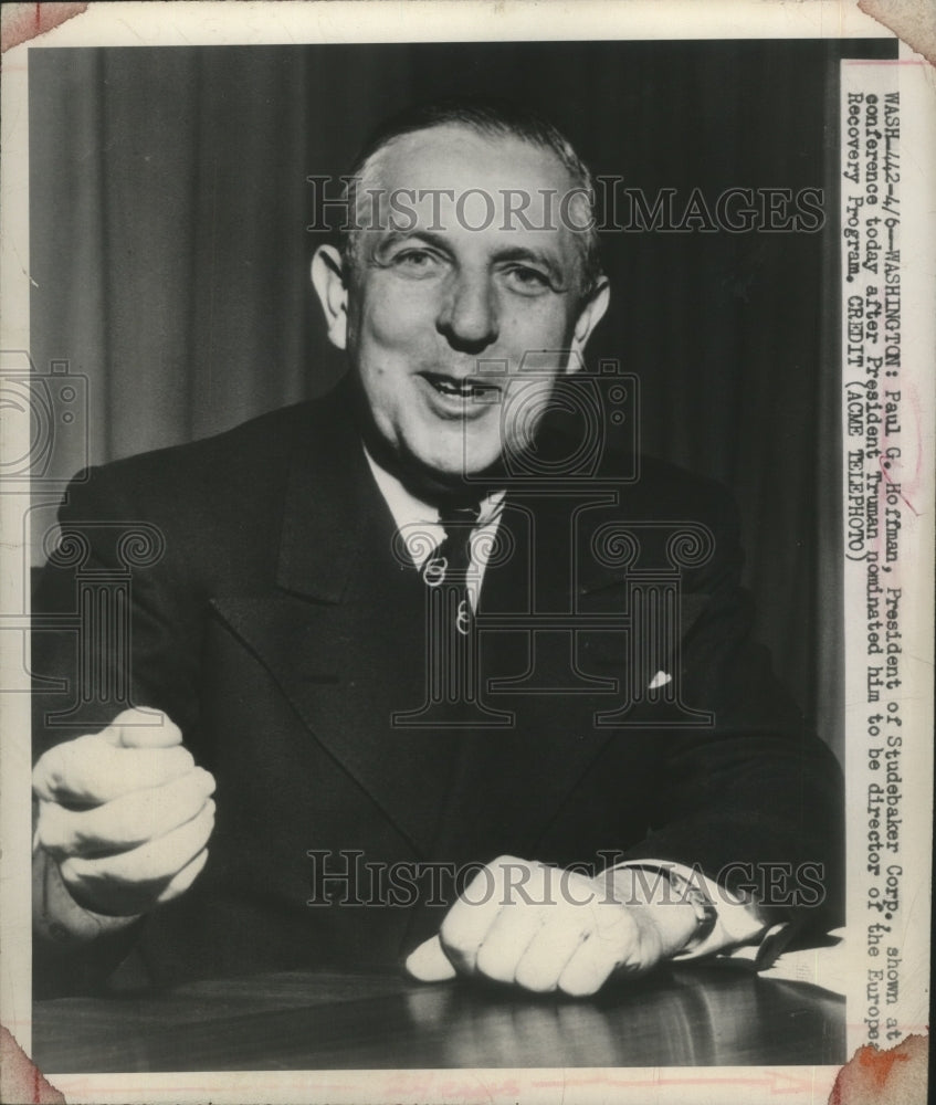 1948 Press Photo Paul G.Hoffman,President of Studebaker Corp at Press Conference- Historic Images