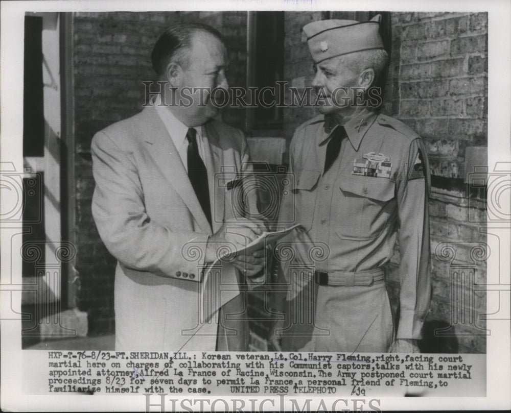 1954 Press Photo Colonel Harry Fleming, Attorney Alfred La France, Fort Sheridan
