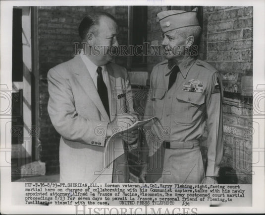 1954 Press Photo Colonel Harry Fleming, Attorney Alfred La France, Fort Sheridan