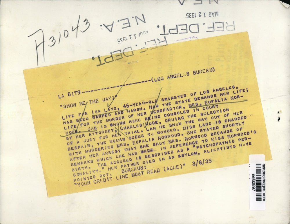 1935 Press Photo Isa Lang, Attorney Charles Rude at Murder Trial, Los Angeles