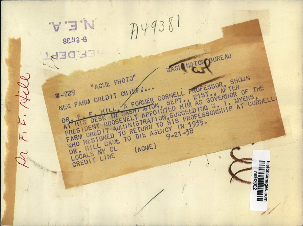 1938 Press Photo Dr. F.F. Hill, Appointed Farm Credit Administration Governor