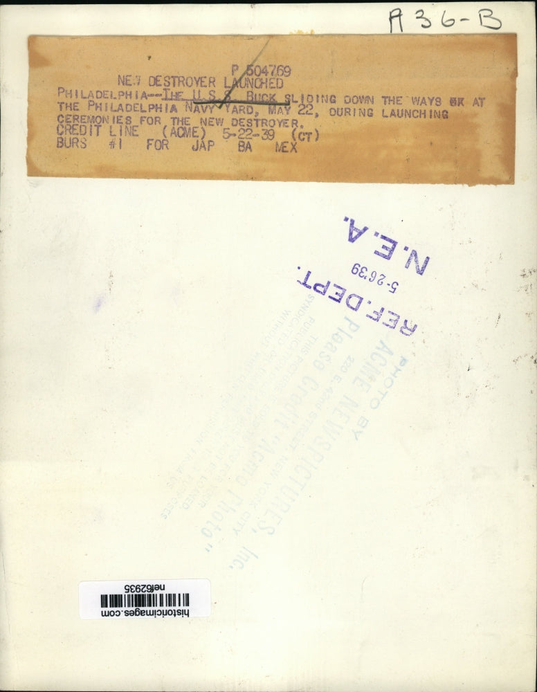 1939 Press Photo Destroyer Ship USS Buck Launch at Philadelphia Navy Yard