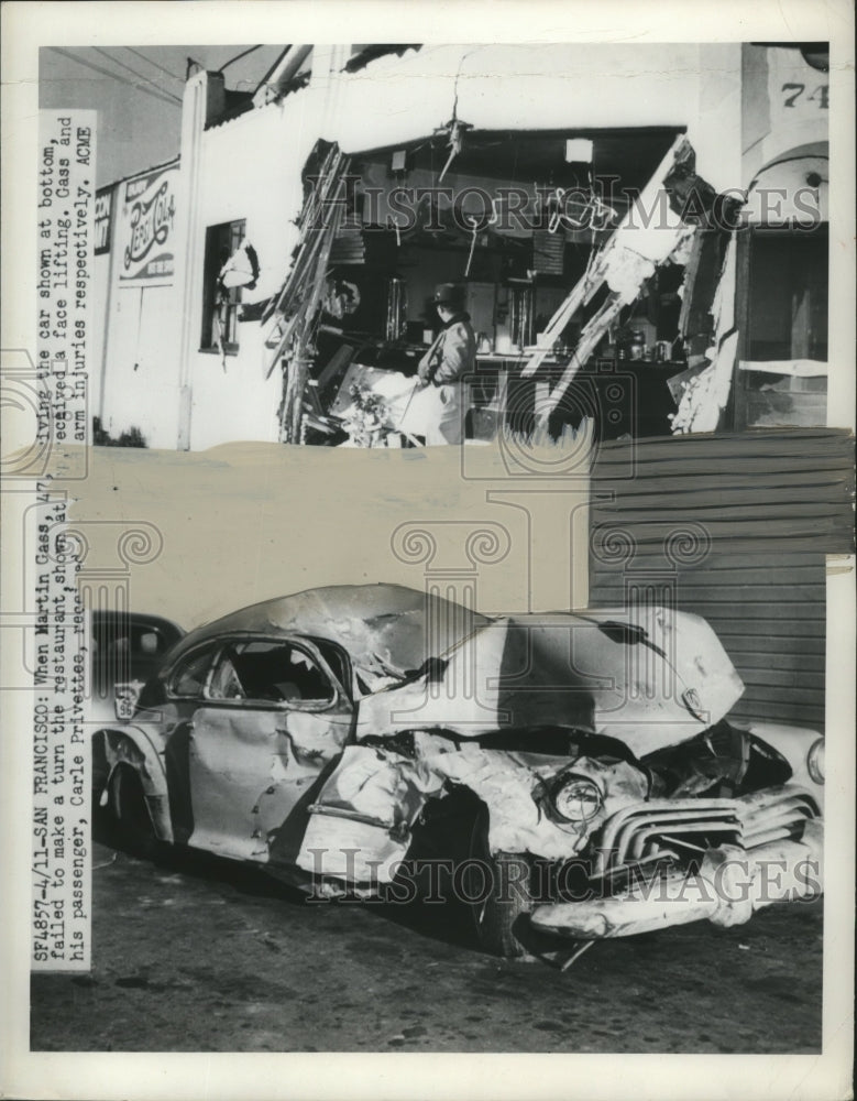 1950 Press Photo Car Accident of Martin Gass, Carle Privetee, San francisco