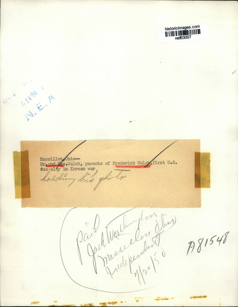 1950 Press Photo Parents of Frederick Walsh, First U.S. Casualty in Korean War