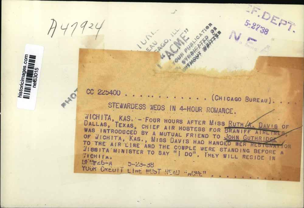 1938 Press Photo Ruth A. Davis, John Guthridge, Married After 4-Hour Romance