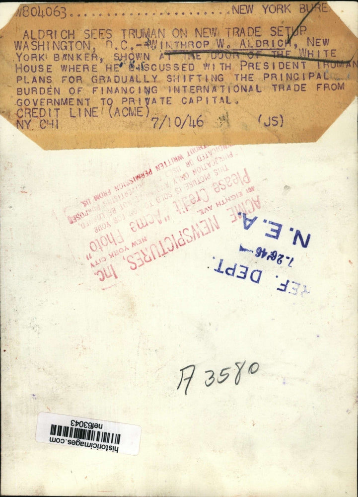 1946 Press Photo Banker Winthrop W. Aldrich at White House - nef63043