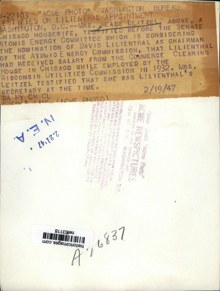 1947 Press Photo Meads Leitzel Testifies in Senate Atomic Energy Committee