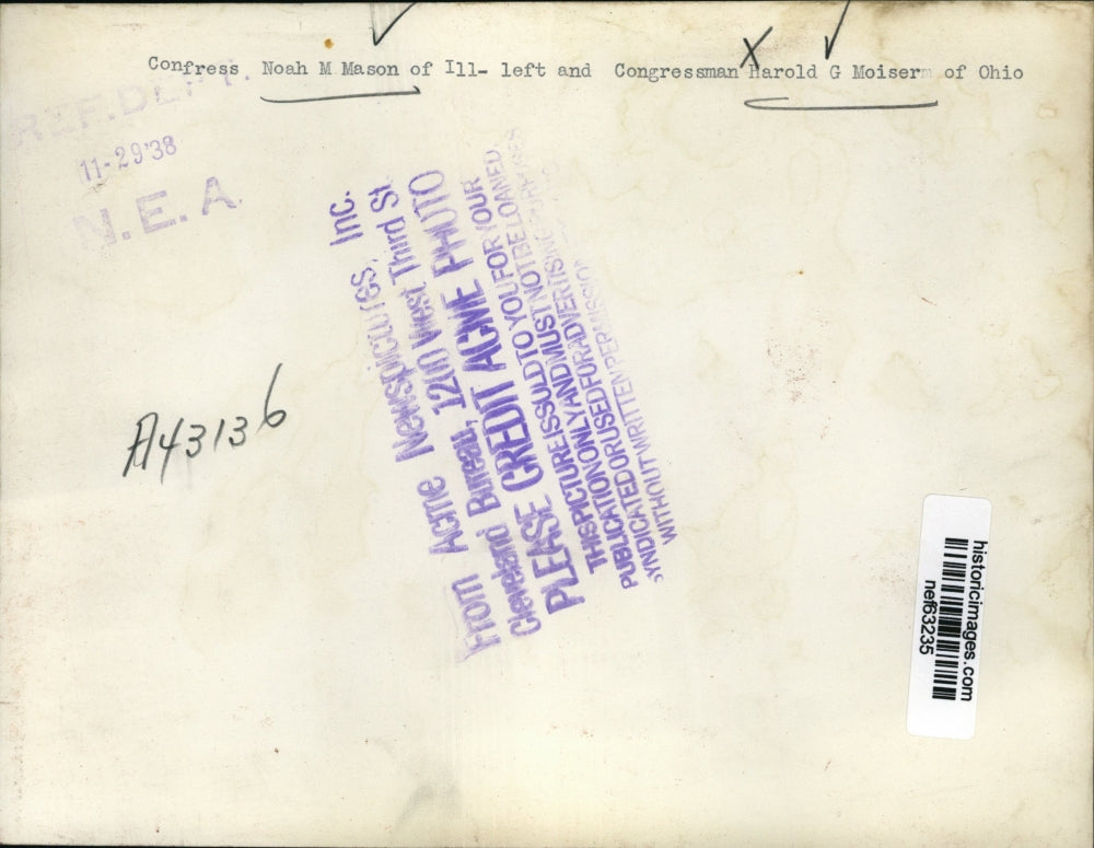 1938 Press Photo Congressmen Noah M. Mason of Illinois, Harold G. Moiser of Ohio