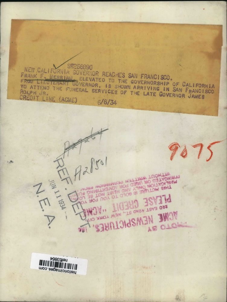 1934 Press Photo Frank F.Merrian Governor of California arrived in San Francisco