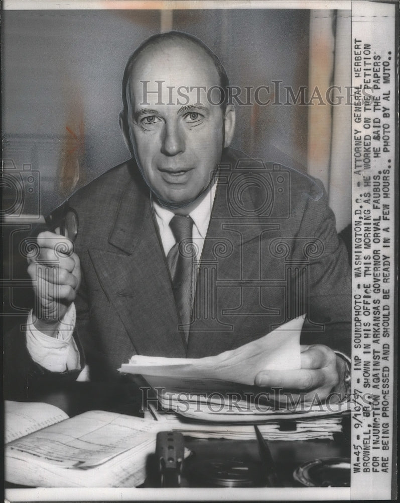 1957 Press Photo Atty. Gen.Herbert Brownell Jr shown in his office at Washington