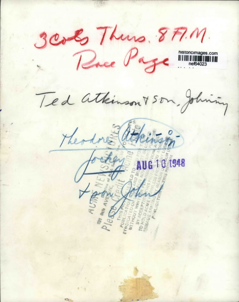 1948 Press Photo Jockey Theodore Atkinson and his son John - nef64023