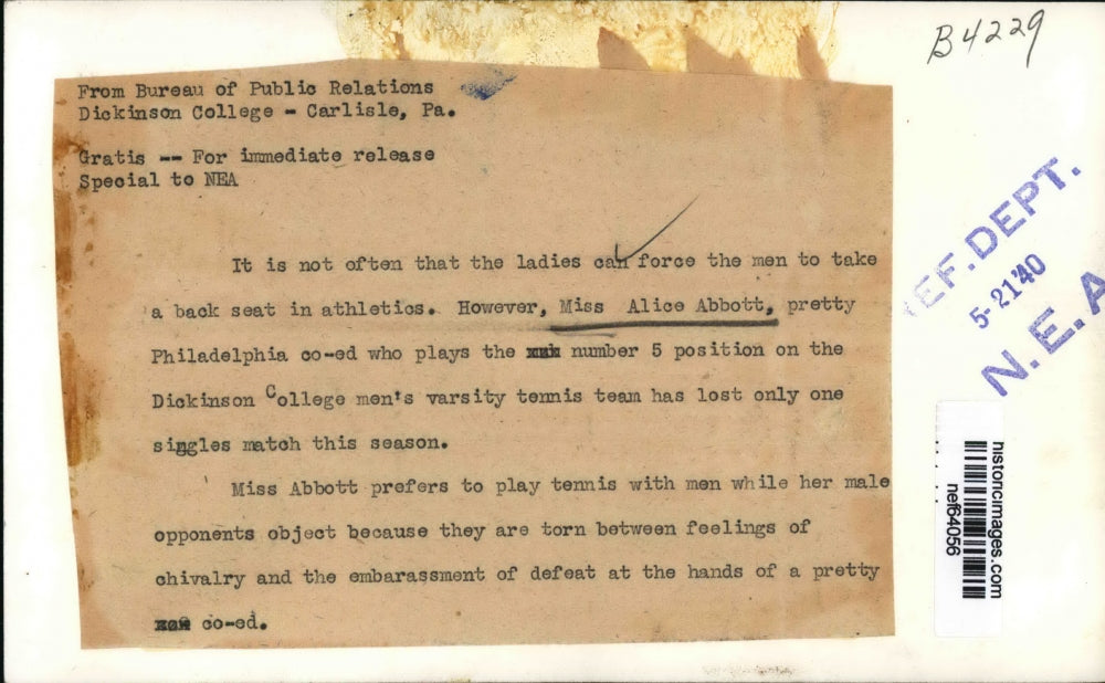 1940 Press Photo Alice Abbott of Dickinson College Men's Varsity Tennis Team