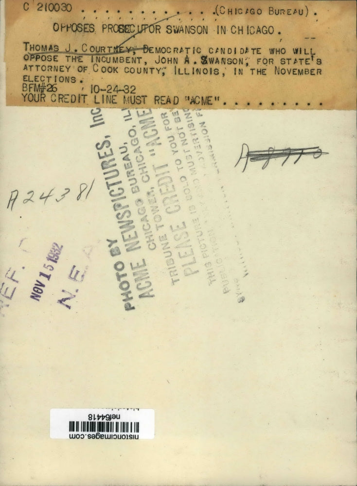 1932 Press Photo Thomas Courtney Democratic State Attorney Candidate Cook County