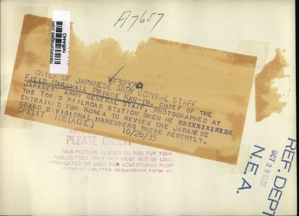 1935 Press Photo Field Marshall Prince Kan-In at Tokyo Railroad Station