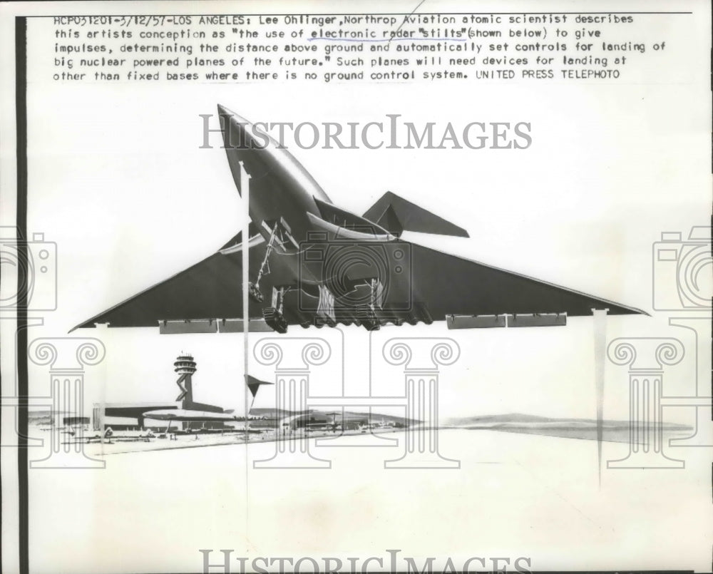 1957 Press Photo concept rendering of radar landing "stilts" for aircraft