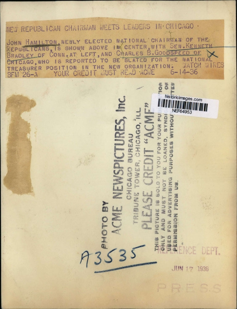 1936 Press Photo John Hamiltion New Republican Chairmen Meets Leaders in Chicago