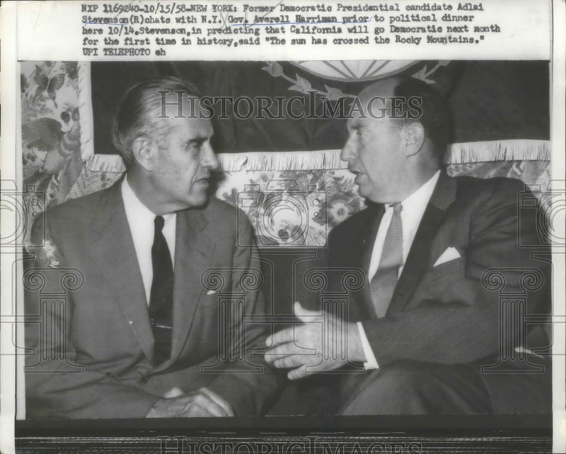 Load image into Gallery viewer, 1958 Press Photo Adlai Stevenson with Averell Harrison Before Political Dinner
