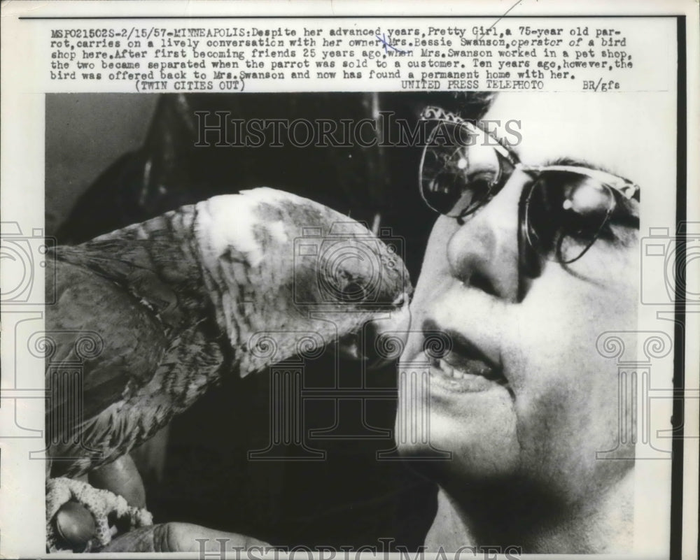 1957 Press Photo Pretty Girl 75-Year-Old Parrot Carries on Conversation
