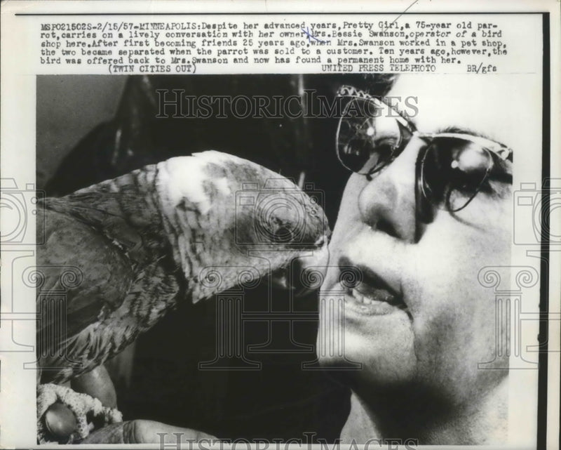 Load image into Gallery viewer, 1957 Press Photo Pretty Girl 75-Year-Old Parrot Carries on Conversation
