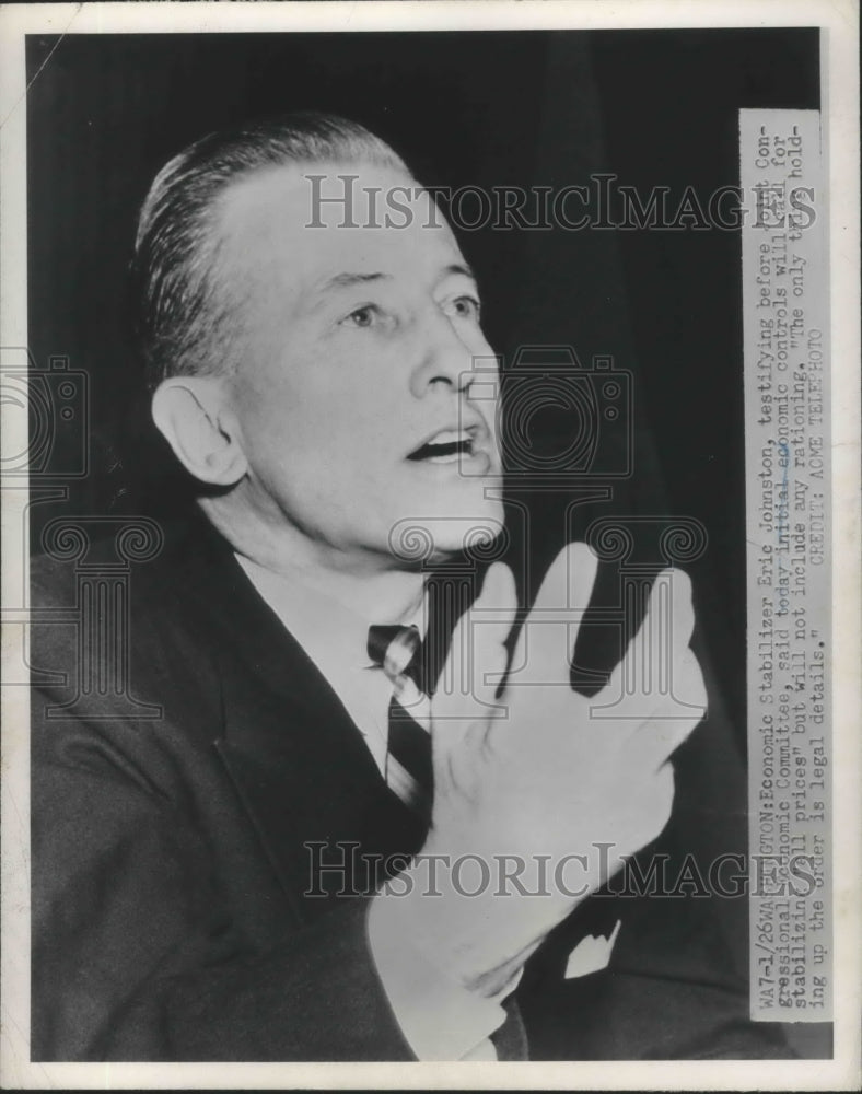 1951 Press Photo Stabilizer Eric Johnston Testifies Before Joint Economic Comm- Historic Images