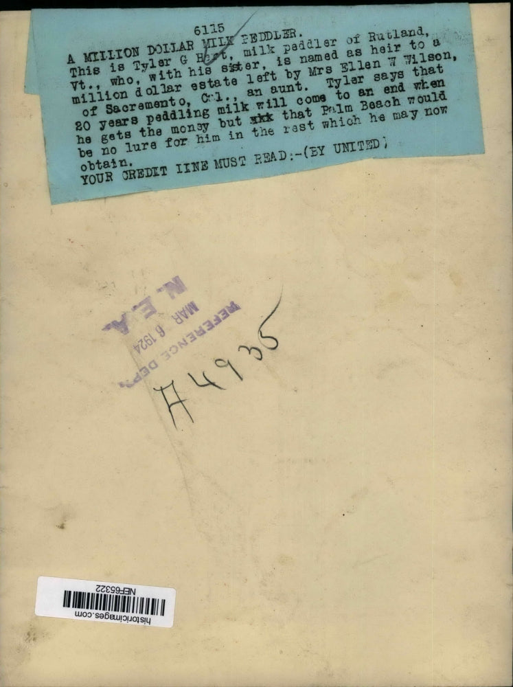 1924 Press Photo Tyler G Hart Named as Heir to a Million Dollar Estate