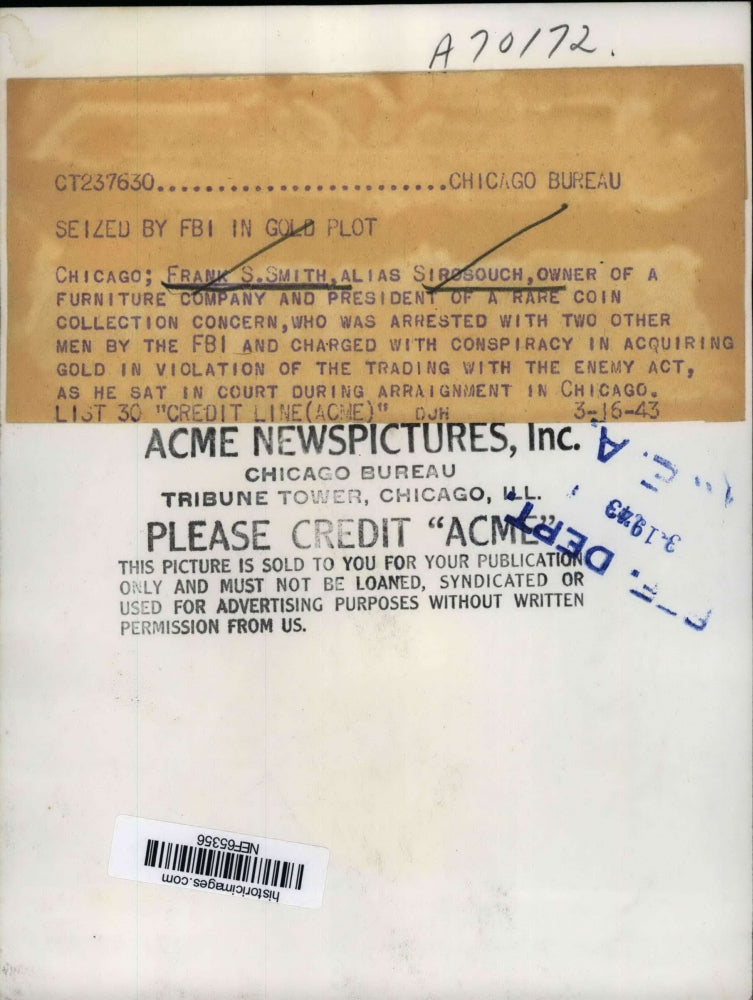 1943 Press Photo Frank Smith Arrested with 2 Other Men & Charged In Conspiracy