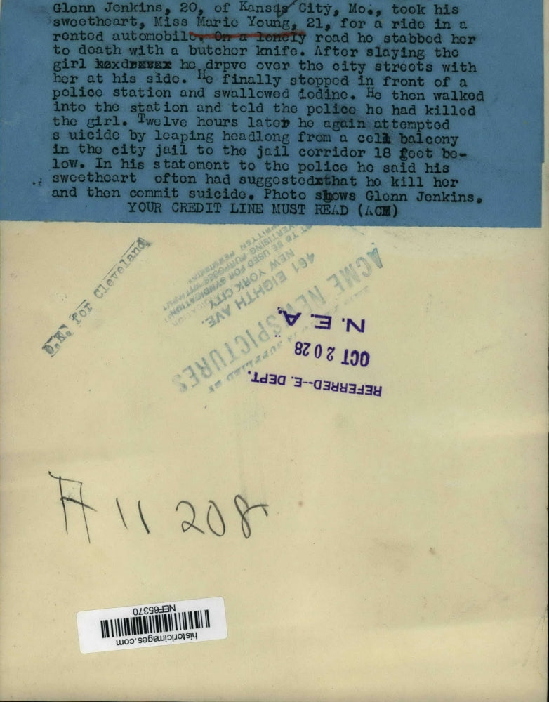 1928 Press Photo Glenn Jenkins Stabbed Marie Young to Death with a Butcher Knife