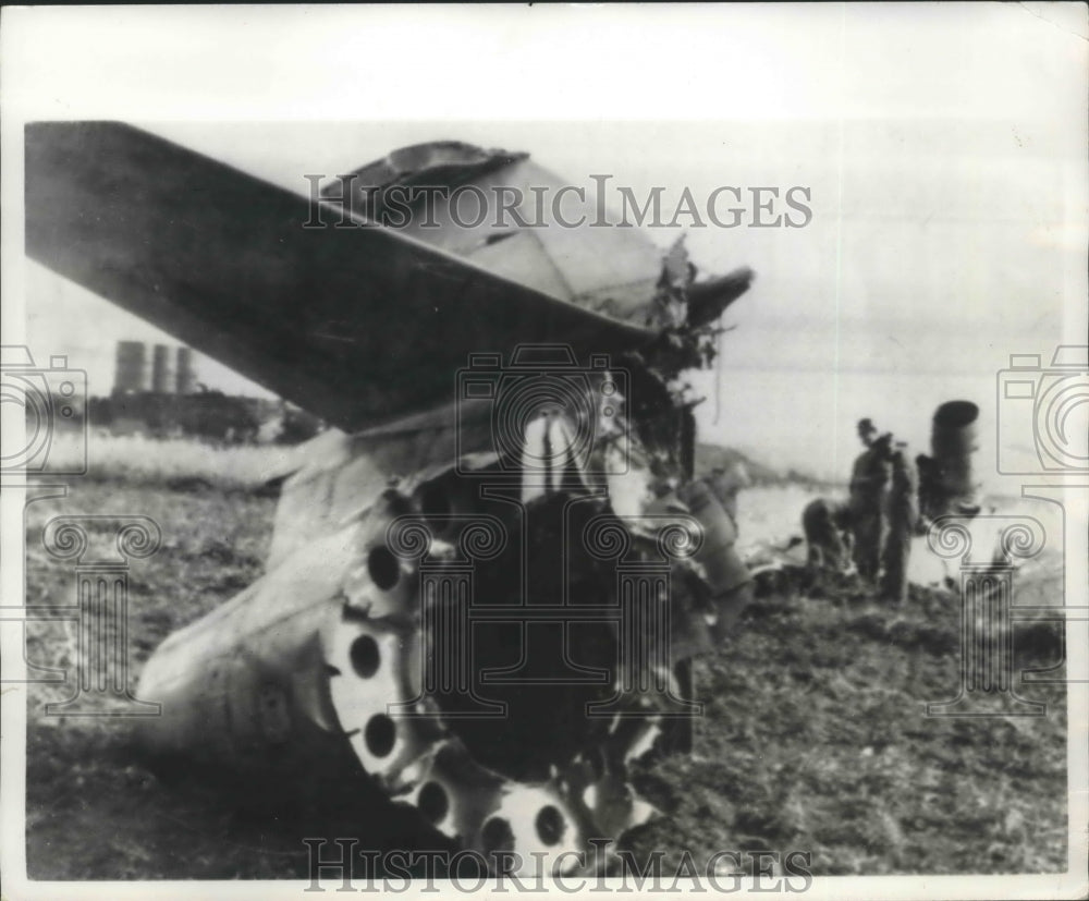 1966 Press Photo Tail portion of a French Mystere Fighter crashed in Spain