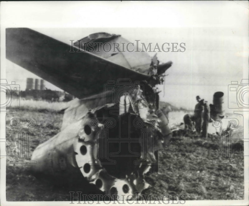 Load image into Gallery viewer, 1966 Press Photo Tail portion of a French Mystere Fighter crashed in Spain
