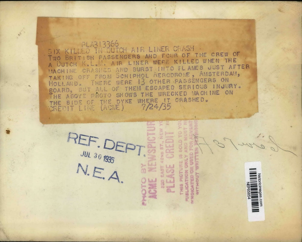 1935 Press Photo Dutch K.L.M. Air Liner Crashed & Burst Into Flames at Take Off