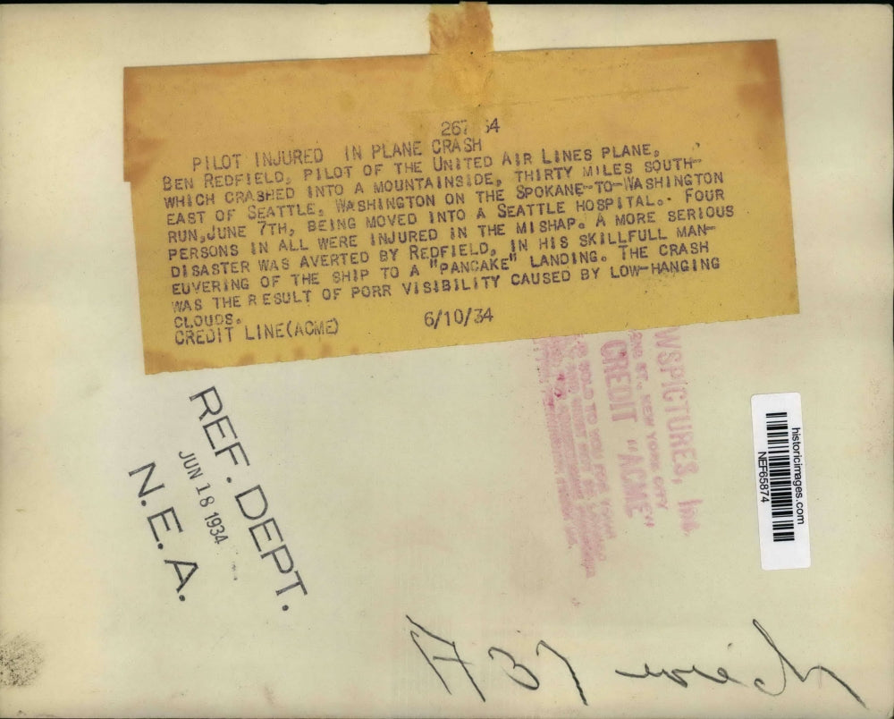 1934 Press Photo Ben Redfield Pilot of United Air Line Plane Crashed on Mountain