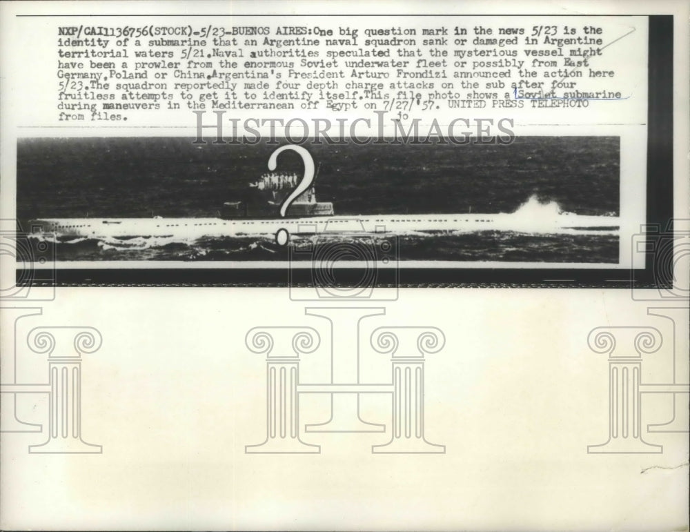 1957 Press Photo Soviet Submarine During Maneuver in the Mediterranean Off Egypt- Historic Images