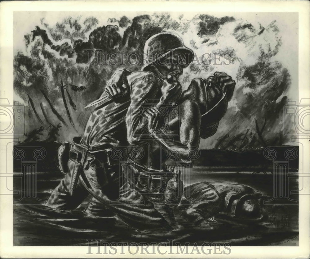 1945 Press Photo Hand-to-Hand Struggle in Rice Field Portrait by Norman M Thomas