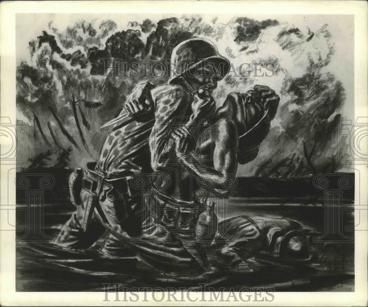 1945 Press Photo Hand-to-Hand Struggle in Rice Field Portrait by Norman M Thomas