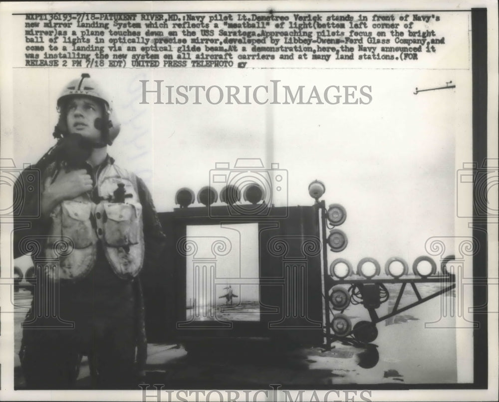 1957 Press Photo Navy Pilot Lt Denetreo Verick in Front of Navy's Mirror Landing
